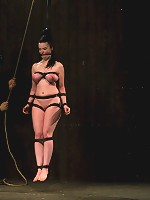 Curvy broad suffers for orgasms then strung up by hair suspension.