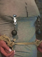 Redhead with cute freckles bound tightly & made to cum! Big puffy nipples clamped & weighted