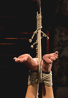 Hot flexible blond suffers a Category 5 suspension. Anal hook, heavy nipple weights, made to cum.