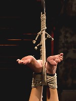 Hot flexible blond suffers a Category 5 suspension. Anal hook, heavy nipple weights, made to cum.