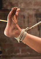 Sexy Amber has her elbows bound together, ankles to neck, and endures foot caning, brutal orgasms.