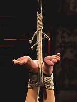 Hot flexible blond suffers a Category 5 suspension. Anal hook, heavy nipple weights, made to cum.
