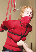 Bound slave gets clothespins on her breasts