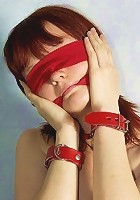 Beautiful girl in red rubber skirt and black corsette