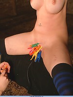 Bound slavegirl Emily Sharpe gets tight clothespins on her pussy