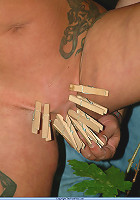 Slavegirl with clothespins on her tits is bound outside to a tree
