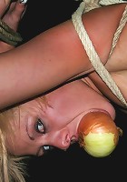 Blonde slave gets tied up to a stick with an onion on her mouth