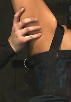 Bound in a straightjacket, inverted suspendedFucked by a machine, made to suck cock & zippered.