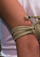 Girl next door is severely bound and gaggedWhite panties ripped of and made to cum like a whore.