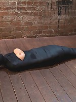 Cute little blond girl is mummified, vibrator stuck on her clit. Hung upside down to cum & cum.