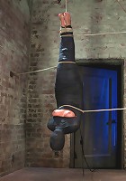 Cute little blond girl is mummified, vibrator stuck on her clit. Hung upside down to cum & cum.