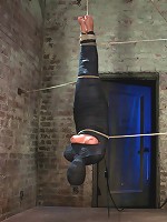 Cute little blond girl is mummified, vibrator stuck on her clit. Hung upside down to cum & cum.