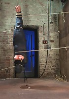 Cute little blond girl is mummified, vibrator stuck on her clit. Hung upside down to cum & cum.