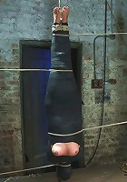 Cute little blond girl is mummified, vibrator stuck on her clit. Hung upside down to cum & cum.