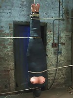 Cute little blond girl is mummified, vibrator stuck on her clit. Hung upside down to cum & cum.